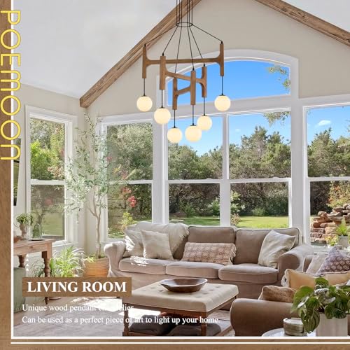 Rustic Oak 6 Light Wooden Chandelier with Milk Glass Globe L28 Inch