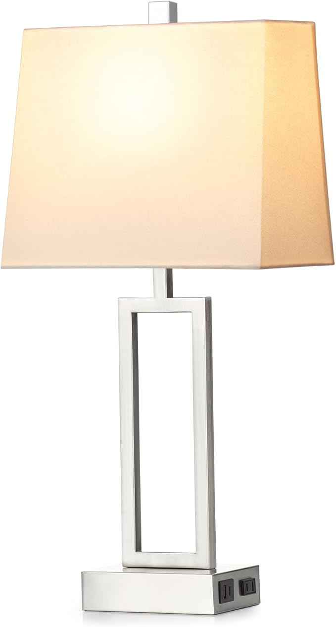 Touch Control Table Lamps for Living Room, 3-Way Dimmable Modern Table Lamp with USB A+C Charging Ports & AC Outlets, Bedside Contemporary Nightstand Desk Lamps with Fabric White Shade for Bedrooms