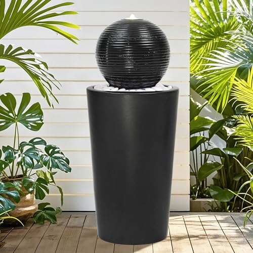 Autodaya 30"H Ceramic Sphere Water Fountain with LED Light for Garden Patio
