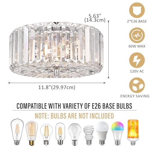 11.87 Inch Round Chrome Crystal Flush Mount Ceiling Light Fixture