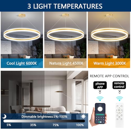 D31.5'' Modern Ring Chandelier for Dining Room LED Dimmable Pendant Lighting High Ceiling Chandelier for Living Room Foyer Bedroom Entryway 3000K