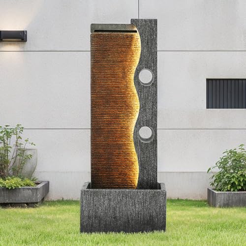 AUTODAYA 39" Modern Zen Outdoor Water Fountain LED Cascading Waterfall