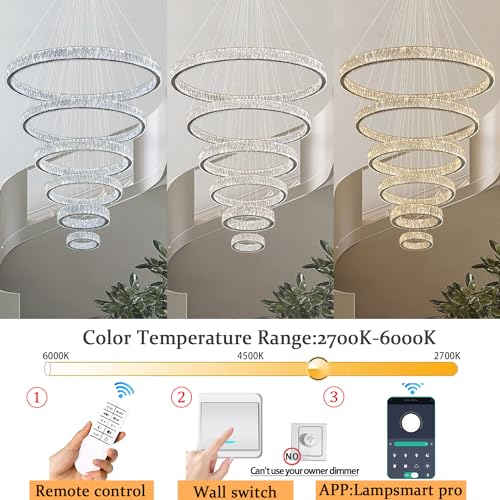 Extra Large 6 Ring Crystal Chandelier Modern LED Long Crystal Chandelier for High Ceiling Height Adjustable D8+15.7"+23.6"+31.5"+39.4"+47.5" Dimmable 2700K