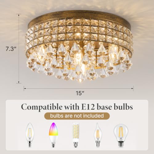 Antique Crystal Flush Ceiling Light (Antique Brass)