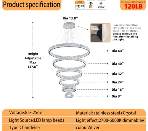 Extra Large 6 Ring Crystal Chandelier Modern LED Long Crystal Chandelier for High Ceiling Height Adjustable D8+15.7"+23.6"+31.5"+39.4"+47.5" Dimmable 2700K