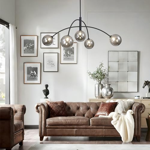 Mid Century Modern Chandelier Black 5 Light Industrial Pendant Light Fixture Vintage Smoke Gray Globe Glass Sputnik Chandeliers for Bedroom Kitchen Living Room Hallway