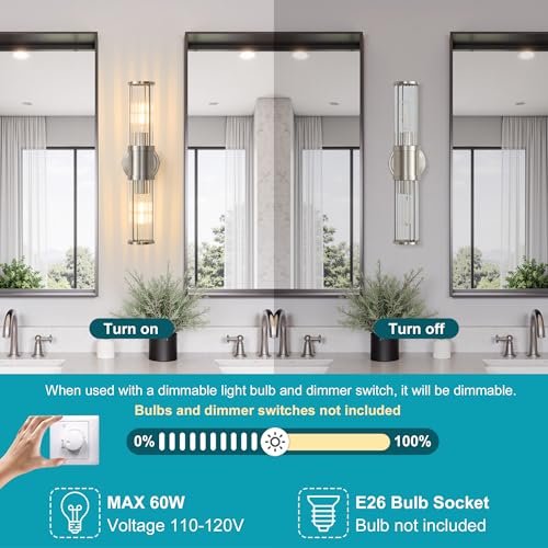 Hardwired Nickel Bathroom Vanity Light Glass Rod Wall Sconce