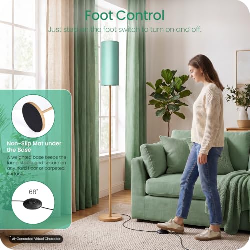 Wooden Textured Tall Slim Floor Lamp for Living Room with Remote and Foot Switch