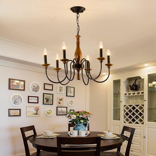 Farmhouse Wood Chandelier for Dining Room Rustic Candle Ceiling Chandelier Black Adjustable Hanging Light Fixture for Kitchen Living Room Foyer Entryway