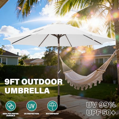 9 FT Patio Umbrella Outdoor patio deck umbrella with lights White