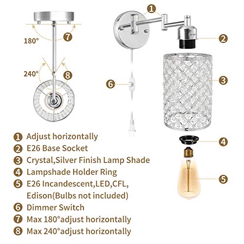 1 Light Wall Lamp Modern Style Metal Round lampshade Decorative Dimmable Crystal E26 Base Wall Lights Industrial Swing Arm Wall Sconce for Home Decor Plug