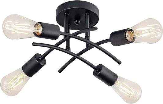 Industrial 4-Light Semi Flush Mount Ceiling Light Fixture, Modern Black Close to Ceiling Light, E26 Base Chandelier Lighting, Farmhouse Pendant Lamp for Hallway Kitchen Bedroom - Aura Lighting