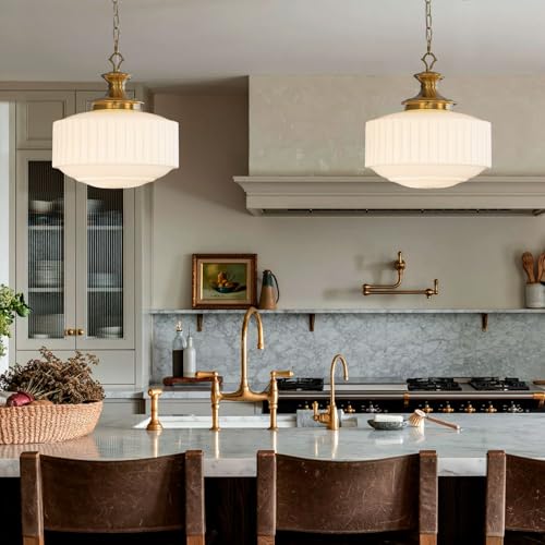 Vintage Brass Milk Glass Pendant Light Fixture