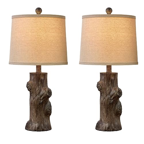 23"Resin Table Lamps for Living Room Set of 2 Country Cottage Farmhouse Lamp for Bedroom Tree Trunk Wood Grain with Oatmeal Fabric Round Shade Vintage Rustic Traditional Nightstand Bedside Lamp