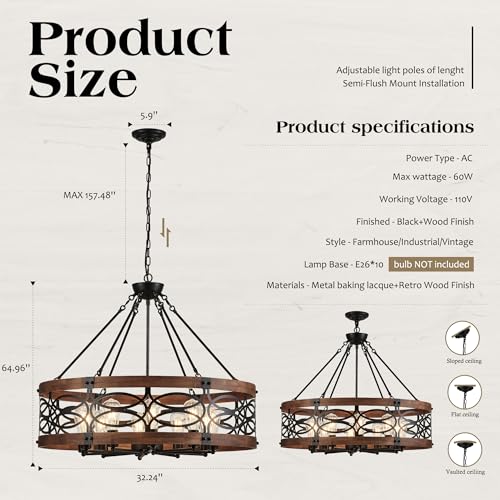10 Light Farmhouse Drum Wood Pendant Light
