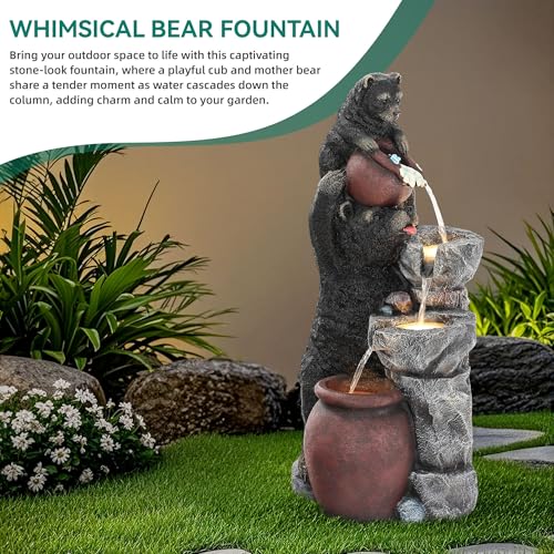 38" H Playful Twin Bear Statue Outdoor Fountain with LED Lights