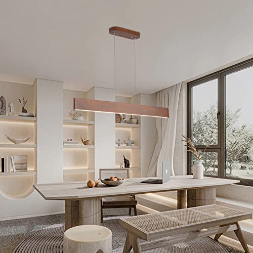 39.4" Wood Linear Pendant Light 24w Led Dimmable Dining Room Light Wood Kitchen Island Pendant Hanging Light for Kitchen Island Office Lights Walnut Color