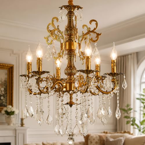 Vintage 6 Arms Crystal Chandelier Candle Light Fixture for Dining Room Living Room Bedroom Hallway Entryway Antique Gold Finish
