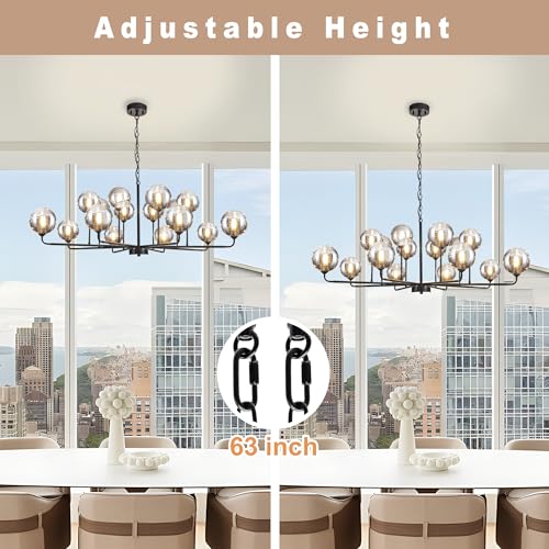 Large Chandeliers for High Ceilings 47.2IN Large Dining Room Chandelier with Smoky Gray Glass Globe Modern Black Chandeliers for Dining Room Large Chandelier Light Fixture for Entryway Living Room
