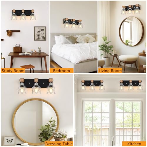 3 Light Wood Bathroom Light Fixtures Over Mirror