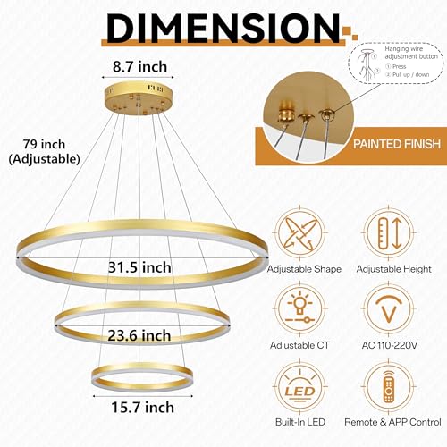 31.5" 3 Ring Modern Led Pendant Light Gold Modern Led Chandelier Contemporary Ring Chandeliers Dimmable Chandeliers Color Temperature Adjustable Height Hanging Chandelier for Living Room