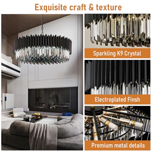 12 Light Large Crystal Chandeliers 30" Dining Room Light Fixture 6 Tiers Flush Mount Smoke Gray and Black Crystal Chandelier Round Pendant Light for Kitchen Living Room Entryway Foyer