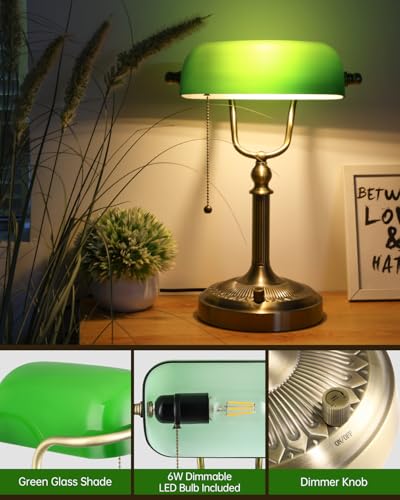 Green Stepless Dimmable Glass Bankers Desk Lamp