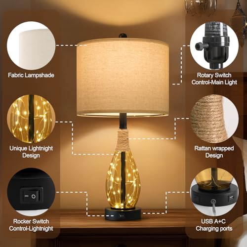 23" Table Lamps for Living Room Set of 2 Bedside Lamps for Night Stands Bedroom Lamps Farmhouse Rattan Boho Lamp Glass Nightlight End Table Lamp