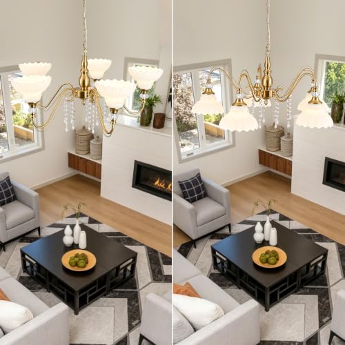 5 Light Vintage Chandelier in Brushed Gold Finish with Flower (5-Light / Gold and White)