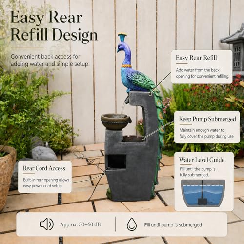 Outdoor Water Fountain 41" H Cascading Peacock Waterfall Fountain with LED Lights & Pump Tiered Water Feature for Garden