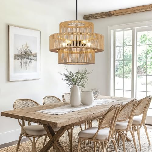 22" Boho Hand Woven Rattan Chandelier Light Fixtures for Dining Room