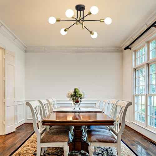 Modern Chandelier Ceiling Light Fixture, 6-Light Sputnik Dining Chandeliers 31.18"Gold&Black Chandelier Over Table, Mid Century Lights Fixture for Dining Room Living Room Kitchen Island(No Lampshade)