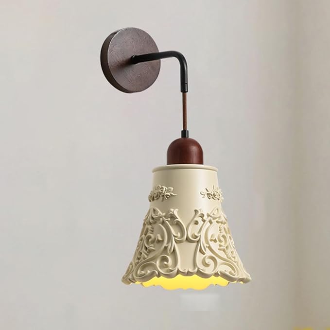 Modern Resin Wall Sconce Lighting Nordic Solid Wood Wall Lamp Wabi Sabi Cream Yellow Home Decor Lighting Fixture Cream Yellow Floral Finish, Japanese Style Walnut Wood Art Wall Sconces