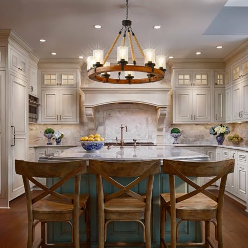 9 Light Round Wagon Wheel Chandelier Farmhouse Rustic Pendant Light Fixture with Seeded Glass Shades