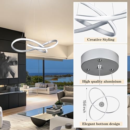 30" Nickel Modern LED Chandelier Large Irregular Ring Pendant Lighting Adjustable Hanging Light Fixture Modern Dimmable Remote Control Pendant Lights for Living Room Dining Room Entryway