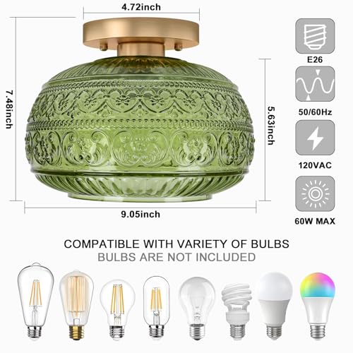 Vintage Green Semi Flush Mount Ceiling Light for Hallway Kitchen Bedroom