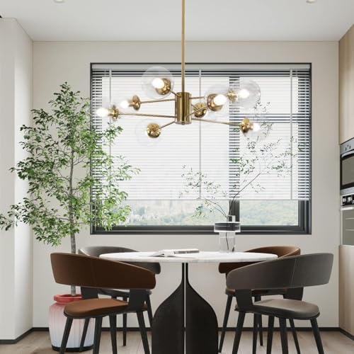 8 Light Modern Brass Gold Sputnik Chandelier with Clear Glass Globe