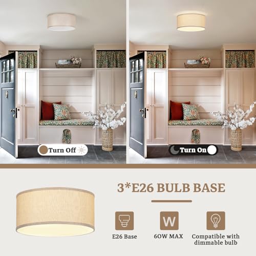 13 Inch Flush Mount Ceiling Light with Burlap Linen Drum Shade