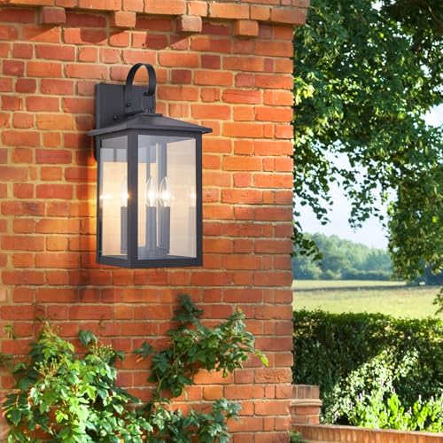 3 Light 9 inches Wide 20.5 inches High Large Wall Lantern Light with Textured Black Finish and Clear Glass New Traditional Outdoor Wall Lights for a Porch