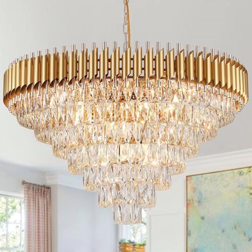35" Large Foyer Chandeliers Modern Gold Crystal Chandeliers for Staircase