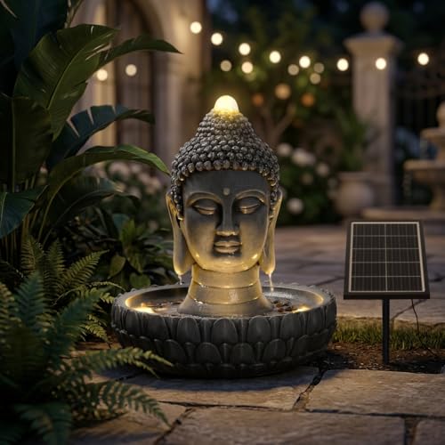 Solar Powered Buddha Statue Water Fountain Outdoor