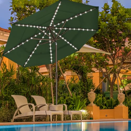 USA 10-Year-Non-Fading 9ft 3-Tier Market Patio Umbrella, Commercial Table Umbrella with 80 Solar LED Lights, Crank Open, Windproof & UPF 50+ UV Protection for Garden, Deck, Pool, Backyard, Fern