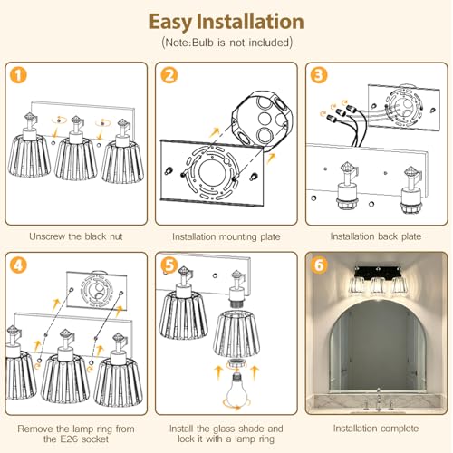 Black 3 Light Modern Crystal Vanity Lights Over Mirror (3-Light)