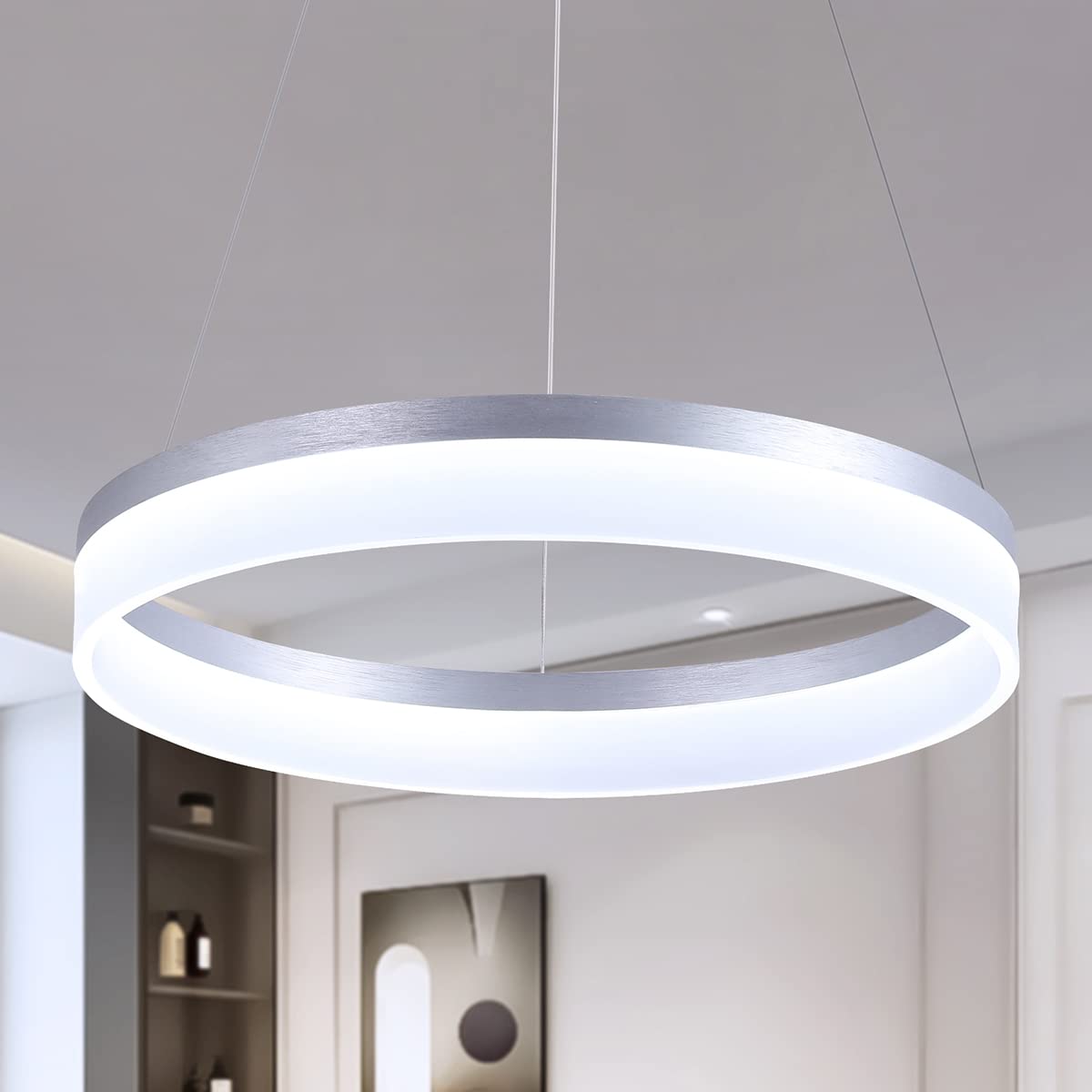 Buccleuch Modern LED Chandelier - Dimmable 19.7" Silver Round Pendant Light, Height Adjustable UL-Certified Ceiling Light for Dining Room, Kitchen Island, Living Room, Bedroom, Foyer, 6500K