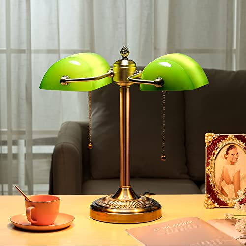 Green Double Head Glass Bankers Desk Lamp