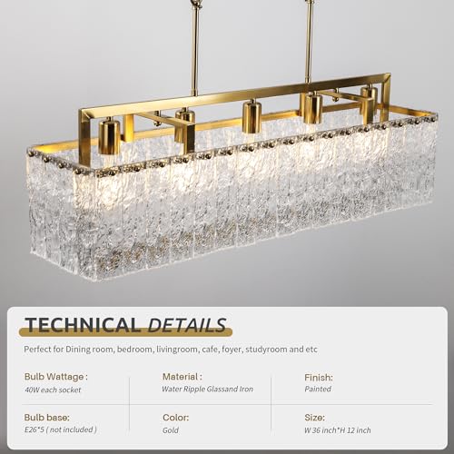 36" Gold Crystal Ripple Glass Rectangle Pendant Chandelier 5