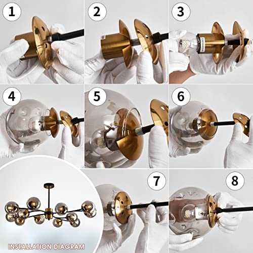 12 Light Large Sputnik Chandelier with Glass Globe Mid Century Modern Matte Black and Gold Ceiling Light Fixture Vintage Pendant Lighting for Dining Room Bedroom Kitchen Living Room Foyer