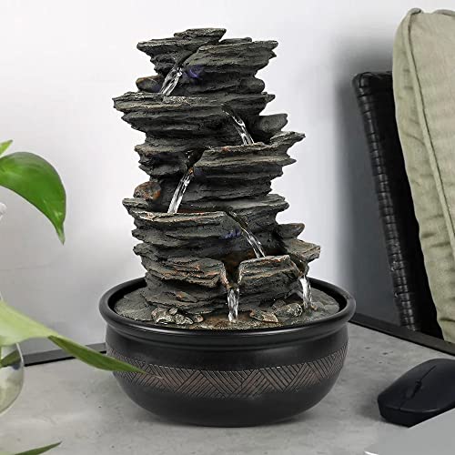 15.7” High Rock Falls Tabletop Water Fountain with LED Lights