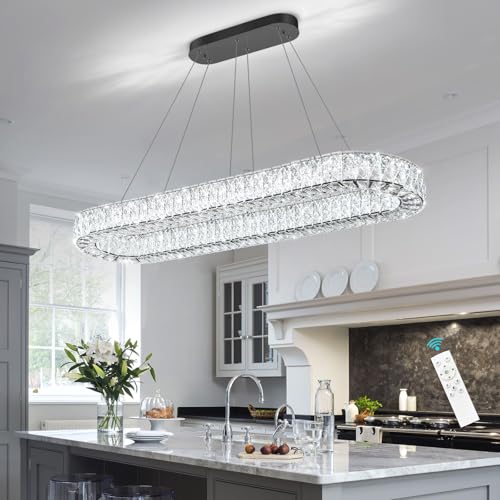 Modern Oval Chandelier Rectangular K9 Crystal Chandeliers for Dining Room Dimmable LED Light Fixture with Remote for Living Room Kitchen Light Black