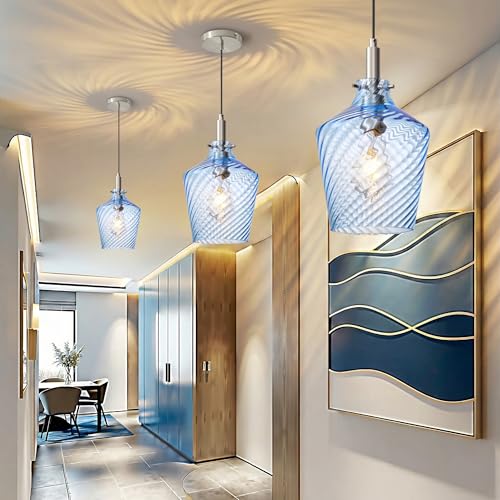 Stripes Blue Glass Pendant Light for Kitchen Island Nickel 8 Inch 1 Pack
